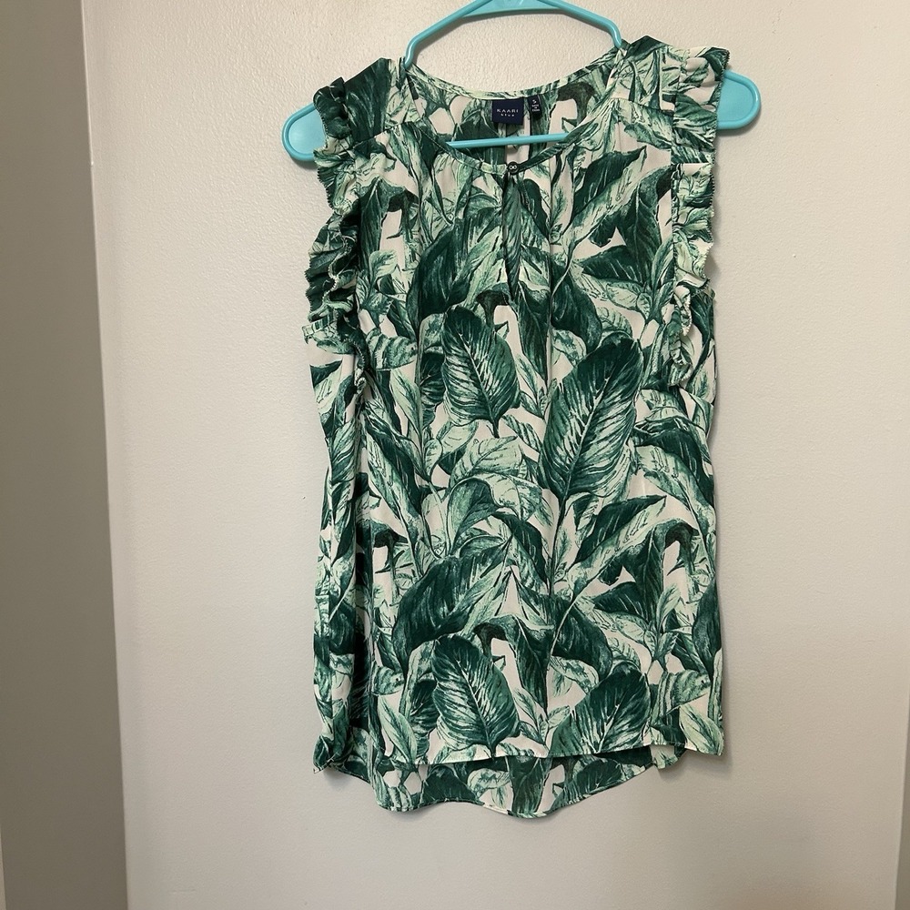 Kaari Blue Foliage Printed Chiffon Ruffle Keyhole Neck Sleeveless Top Sz Small